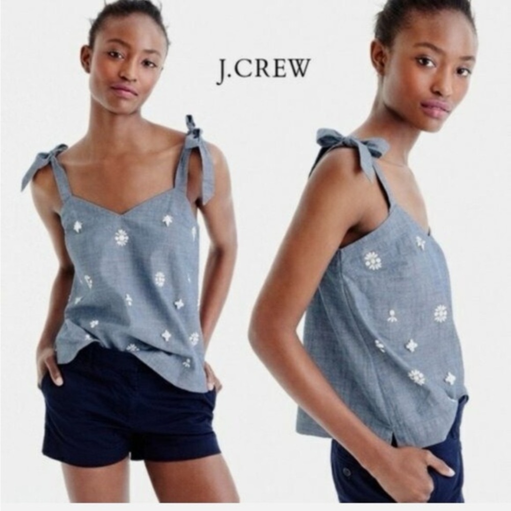 J.CREW Chambray Tank Floral Beaded Adjustable Tie Straps